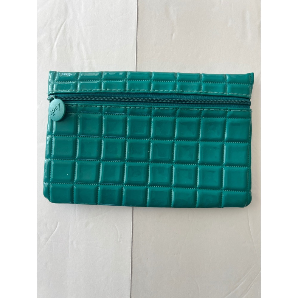 Ipsy Teal Green Glossy Quilted Grid Makeup Bag Zipper Pouch Cosmetic Case